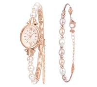 Dacdyi Set di gioielli da donna con elegante bracciale a braccialetto ovale e cinturino in perle analogico al quarzo, Oro rosato, Elegante