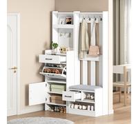 DACHETOU Appendiabiti 35 x 110 x 175,5 cm, stand appendiabiti, libreria, 7 in 1, autoportante, appendiabiti con 7 ganci, parete forata, tappetino, 2 cassetti, bianco