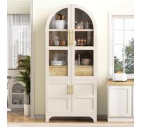 DACHETOU Armadietto alto con ripiani regolabili e cassetto, bianco, armadio da cucina con vetro scanalato e grande capienza, ideale per sala da pranzo, soggiorno, cucina