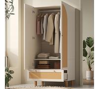 DACHETOU Armadietto da 90 x 180 cm, con 2 ante e rattan, stile rustico, bianco con grande cassetto, ripiani regolabili in altezza e asta appendiabiti