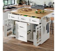 DACHETOU Armadietto da cucina bianco 90 x 170 cm, carrello da portata portatile, con ruote, ripiani regolabili in altezza, due ante, cinque cassetti