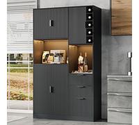 DACHETOU Armadietto da cucina, nero, 180 × 105 × 40 cm, moderno e alto, con ripiani regolabili, 3 cassetti, portabottiglie per vino