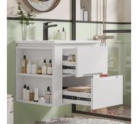 DACHETOU Armadio da bagno bianco da appendere alla parete, 61 x 46 x 50 cm, completamente laccato, due cassetti, guide scorrevoli, due ripiani laterali, lavabo, lavabo integrato