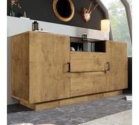 DACHETOU Cassettiera effetto rovere 70 x 140 x 40 cm credenza con 2 cassetti, 2 armadi, scomparto aperto, vetro monolocale, maniglie nere