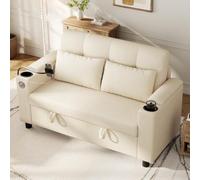 DACHETOU Divano a 2 posti, moderno, beige, con vano portaoggetti nascosto, chiusura con bottoni sullo schienale, portabevande, braccioli, porta cellulare, 2 cuscini lombari, velluto a coste
