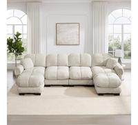 DACHETOU Divano angolare modulare a forma di U a 4 posti, in tessuto di ciniglia, con 2 pouf mobili, design trapuntato fine, morbido e di supporto, schienale ergonomico, facile da montare, cachi
