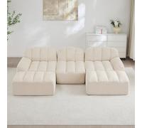 DACHETOU Divano modulare a forma di U a 3 posti con 2 ottomani, divano Boneless in schiuma 32D ad alta densità, seduta profonda, ideale per soggiorno, beige, bianco, tessuto morbido