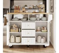 DACHETOU Isola da cucina, 90 x 140 cm, armadio a buffet, carrello da cucina allungabile con ruote, estensibile su entrambi i lati, con porta asciugamani e portaspezie, due ante, tre cassetti, bianco