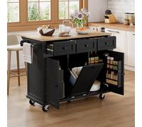 DACHETOU Isola da cucina mobile nera 131,2 × 46,2 × 92,7 cm con ruote, zona pranzo allungabile, con scomparto per rifiuti e cassetti, ideale per cucina e sala da pranzo