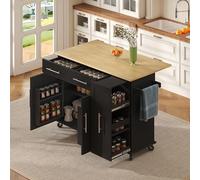 DACHETOU Isola da cucina nera 90 x 120 cm con Drop Leaf, Storage Cart con 3 scomparti Pull Out Cabinet Organizer, Internal Storage Rack, Rolling Cart su ruote con portasciugamani, 2 cassetti