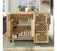 DACHETOU Isola della cucina 90 x 130 cm, armadio a buffet, carrello da cucina estraibile con ruote, con portasciugamani, scaffale per porta, due porte, tre cassetti, motivo a scacchiera, venature del