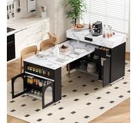 DACHETOU Isola della cucina nera, 50,5 - 187,5 × 110,5 × 95,5 cm, con ruote, tavolo da pranzo allungabile con vetro di scoglia, credenza con un cassetto, per cucina e sala da pranzo