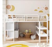 DACHETOU Lettino bianco 90 x 200 cm letto a soppalco in metallo con vano portaoggetti, letto con ampia scala, angoli arrotondati, cassetti e mensole per l'organizzazione salvaspazio nella cameretta