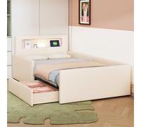 DACHETOU Lettino imbottito per bambini, 90 x 200 cm, con ripiani, pannelli laterali rialzati per la sicurezza, semplice letto singolo, per ragazzi e ragazze, in similpelle, colore beige, senza