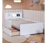 DACHETOU Lettino imbottito per bambini, 90 x 200 cm, con ripiani, pannelli laterali rialzati per la sicurezza, semplice letto singolo, per ragazzi e ragazze, in similpelle, bianco, senza materasso