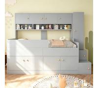 DACHETOU Lettino per bambini in legno, 90 x 200 cm, grigio, con vano portaoggetti, armadio, scala da arrampicata, ringhiera di sicurezza, senza materasso