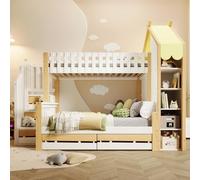 DACHETOU Letto a castello 90 x 200 cm, 140 x 200 cm, scaletta per il letto, 2 cassetti, recinzione irregolare senza materasso, bianco e naturale