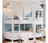 DACHETOU Letto a castello bianco 90 x 200 cm con corrimano e finestra, culla con protezione anticaduta e griglia, telaio in pino, senza materasso