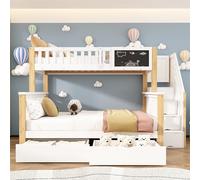 DACHETOU Letto a castello multifunzione per bambini, letto matrimoniale, con lavagna e cassetti, senza materasso, bianco + rovere chiaro, 90 x 200 cm + 140 x 200 cm, senza materasso