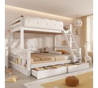 DACHETOU Letto a castello per bambini, 90 x 200/140 x 200 cm, ringhiere a nuvole, cassetti, portariviste, letto familiare in legno, per bambini e adulti, bianco e rovere, senza materasso