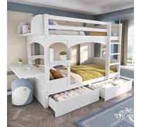 DACHETOU Letto a castello per bambini, 90 x 200 cm, multifunzionale con scrivania pieghevole e mensola, scala e 2 cassetti, rete a doghe in legno massello, bianco, senza materasso