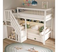 DACHETOU Letto a soppalco in legno massiccio, 90 x 200 cm, scala con armadietto, letto per bambini, letto singolo, bianco