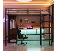 DACHETOU Letto a soppalco in metallo, nero, 90 x 200 cm, scala verticale, con grande scrivania, scaffale a un piano, armadio singolo, letto singolo (senza materasso)