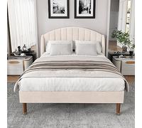 DACHETOU Letto imbottito 140 x 190 cm, in velluto, beige, con rete a doghe e testiera, letto per ragazzi per adulti e ragazzi, supporto per doghe in legno, facile da montare