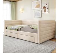 DACHETOU Letto imbottito 3 in 1, divano letto allungabile, beige, 90 x 190 cm, con cassetti, trasformabile in letto singolo/matrimoniale con rete a doghe, cotone e lino, (senza materasso)
