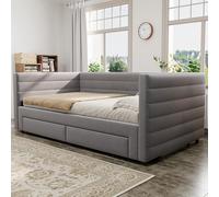 DACHETOU Letto imbottito 3 in 1 divano letto allungabile grigio 90 x 190 cm, con cassetti, trasformabile in letto singolo/matrimoniale con rete a doghe, cotone e lino, (senza materasso)