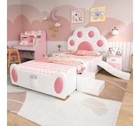 DACHETOU Letto imbottito 90 x 200 cm, letto singolo, a forma di zampa dei cartoni animati, con scivolo per bambini e scala a due livelli, PU, bianco e rosa