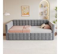 DACHETOU Letto imbottito in velluto grigio, 90 x 190 cm, classico motivo a quadri, scomparti sui lati del letto, due cassetti sotto il letto, letto singolo (senza materasso)