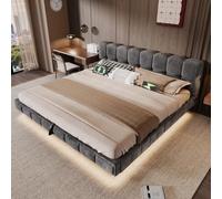 DACHETOU Letto matrimoniale imbottito per ragazzi, effetto sospeso, 180 x 200 cm, grigio, design a nuvole, con contenitore idraulico, in ciniglia, senza materasso