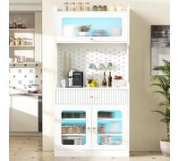 DACHETOU Mobile con ripiani regolabili e cassetti, 80 × 40 × 180 cm, bianco, armadio da cucina con vetro scanalato, ideale per sala da pranzo, soggiorno e cucina