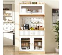 DACHETOU Mobile con ripiani regolabili e cassetti, 80 × 40 × 180 cm, naturale+bianco, armadio da cucina con vetro scanalato, ideale per sala da pranzo, soggiorno e cucina