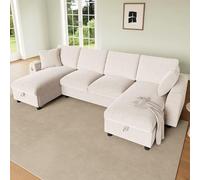 DACHETOU Moderno divano a forma di U, in ciniglia, beige, 284 x 135 x 84 cm, 2 posti con due elementi chaise longue, contenitore apribile