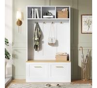 DACHETOU Set appendiabiti con panchina, colore naturale e bianco, 105 x 40 x 180 cm, spazio aperto e 2 ante, guardaroba compatto con 4 ganci