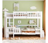 DACHETOU Set letto per bambini in legno massiccio, modulare, 90 x 200 cm, bianco, letto a soppalco + letto singolo, combinabile liberamente, diverse varianti di montaggio, protezione anticaduta, bordi