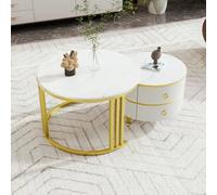 DACHETOU Tavolino rotondo in MDF 2 in 1, tavolino con piano lucido e 1 piano in marmo bianco, combinazione tavolino da salotto con 2 cassetti, 45 x 70 x 70 + 40 x 50 x 50 cm (bianco + oro)