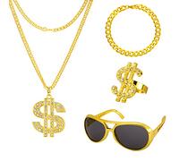 Dacitiery 4 pezzi Hip Hop Constume Kit, collana con segno del dollaro anelli braccialetto discoteca collana occhiali da sole anni 60 anni '70 anni '80 accessori hip hop accessori per feste