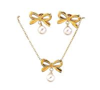 DACKLOONG Set di collana e orecchini in acciaio inox con perle e fiocco, non sbiadiscono, placcati oro, con fiocco e perle, set di gioielli per donne e ragazze, per matrimoni, con confezione regalo