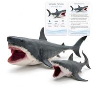 Dacono Megalodon - Set di 2 statuine di squalo con ganasce mobili e scheda | Due dimensioni, un tema preistorico: modelli di squali da 12 pollici e 7 pollici con una scheda informativa per la scoperta e