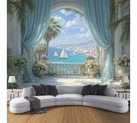 DACRWEKZ Barca a vela con balcone sul mare Adesivo da Parete, Esotico Paesaggio, DecorazioneRimovibile per Camera da Letto, Bagno o Soggiorno