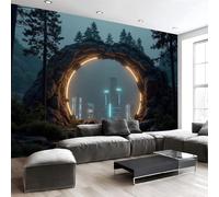 DACRWEKZ Carta Da Parati Panoramica Arco circolare di roccia 300x210cm, Blu-verde Murales in Seta - Tecnologia del futuro Poster Decor Da Parete per Soggiorno Camera Das Letto Ufficio