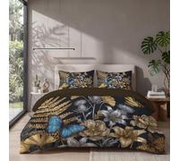 DACRWEKZ Copripiumino Retro Plants Matrimoniale 230x220cm con 2 Federe | Microfibra Morbida Traspirante - Reversibile Giglio farfalla dalle foglie di Ginkgo 3 Pezzi - Oro