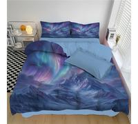 DACRWEKZ Set Copripiumino Blu scuro Bedding Cielo notturno da sogno Montagne innevate e aurora boreale, copripiumino reversibile in microfibra morbida con 1 federe,(separare Size 135x200cm)
