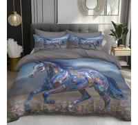 DACRWEKZ Set Copripiumino Matrimoniale 260x220cm, Copripiumino Morbida 3 Pezzi in Microfibra con Illustrazioni di animali Cavalli al galoppo attraverso il campo di fiori,Morbida con 2 Federe, Blu