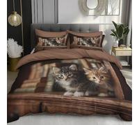 DACRWEKZ Set Copripiumino Modello retrò Due gattini Parure Copripiumino Una Piazza e Mezza 135x200cm con 1 Federa 50x75 cm Completo Sacco Parure Letto marrone