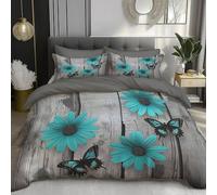 DACRWEKZ Set Copripiumino motivo floreale Margherite e farfalle Parure Copripiumino Una Piazza e Mezza 200x200cm con 2 Federa 50x75 cm Completo Sacco Parure LettoTurchese