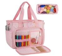 Dadanism Borsa per Uncinetto, Borsa da Lavoro a Maglia, Porta Filato con Manico & Tracolla, Organizer per Filato per Uncinetto Maglia, Ferri Uncinetti, Kit Accessori da Cucito, Rosa